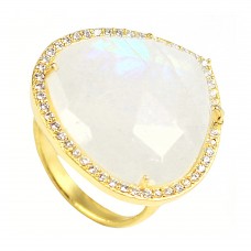 Rainbow moonstone heart sterling silver pave set cz ring